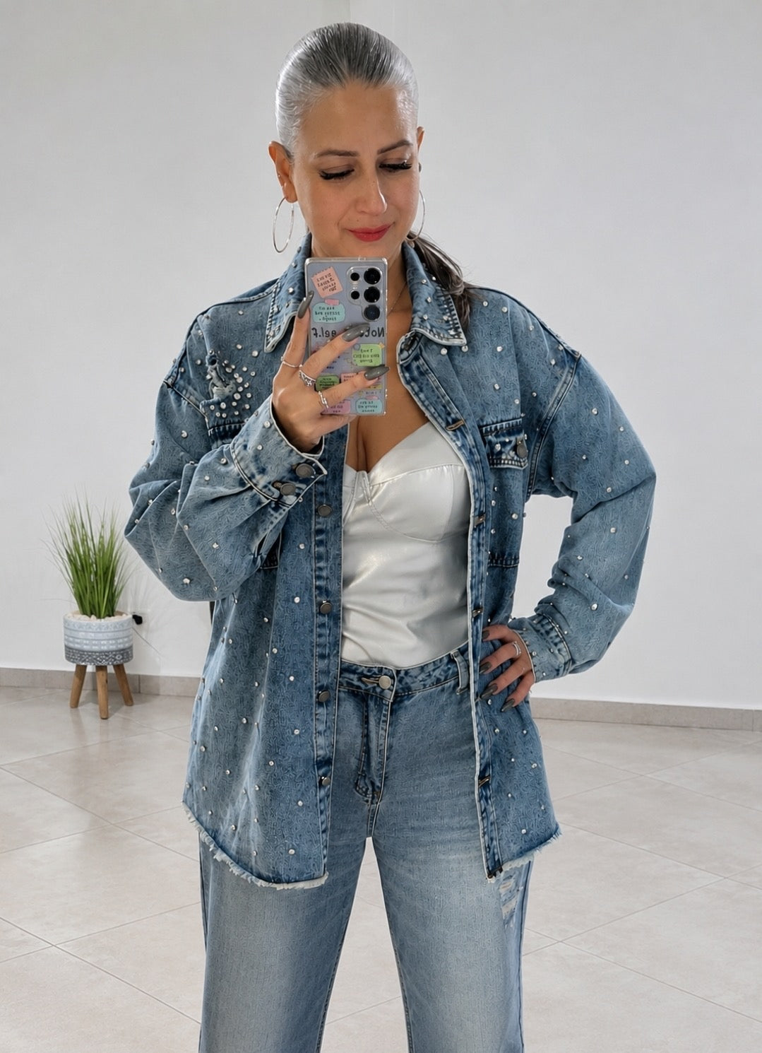Chaqueta Denim Glam Strass Oversize