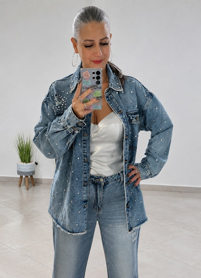 Chaqueta Denim Glam Strass Oversize